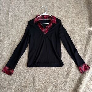 Apt. 9 Black Long-Sleeve Top with Red Printed Collar & Cuffs